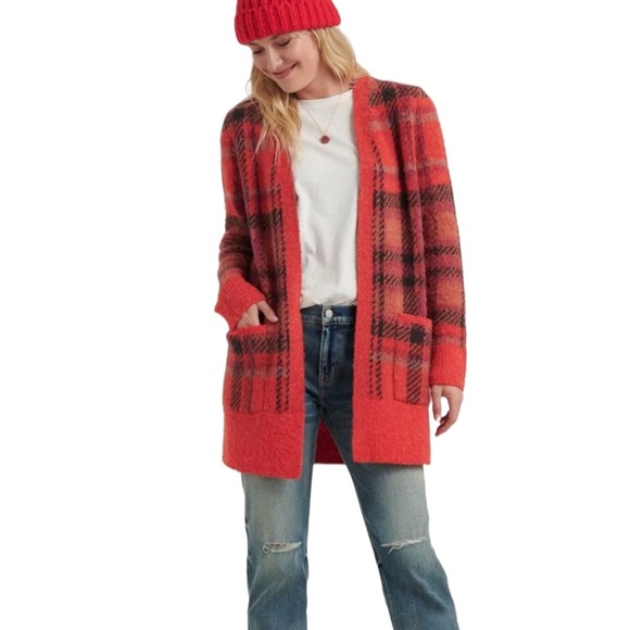 Lucky Brand Wool Blend Open Front Brushed Plaid Oversized Knit Cardigan Sz M - Picture 14 of 14